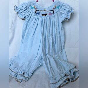 Lolly Wolly Doodle Pale Blue Smocked Romper with Multicolor Embroidery
